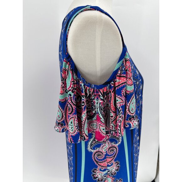 Paisley Print Cold Shoulder Dress Flowy Mandala Boho Midi Msk, Size L - Picture 4 of 9